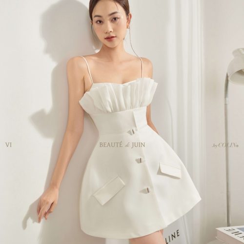 Colin Brand-Bustier Dress_ Flared Square Buttons Chiffon Pleated Bustier Dress_CO51.22 เดรสสั้น 2 สายของผู้หญิง แต่งผ้าชีฟองจับจีบหน้าอกสี่เหลี่ยมและขาบาน