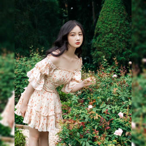 Camila Floral Pattern Mini Dress_RE201.18_RedBean Brand_ชุดเดรสปาดไหล่ลายดอกไม้ Camila