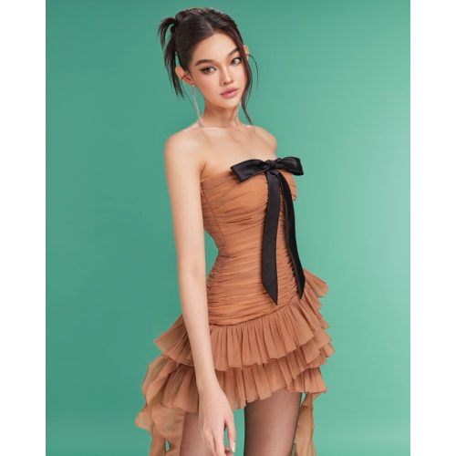 Camella Bustier Mini Dress With Bow_LA45.5_Laneci Brand_เซตเสื้อเกาะอกพร้อมโบว์และพู่