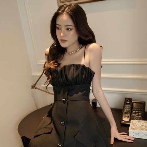 Colin Brand-Bustier Dress_ Flared Square Buttons Chiffon Pleated Bustier Dress_CO51.22 เดรสสั้น 2 สายของผู้หญิง แต่งผ้าชีฟองจับจีบหน้าอกสี่เหลี่ยมและขาบาน