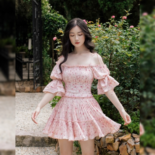 Camila Floral Pattern Mini Dress_RE201.18_RedBean Brand_ชุดเดรสปาดไหล่ลายดอกไม้ Camila