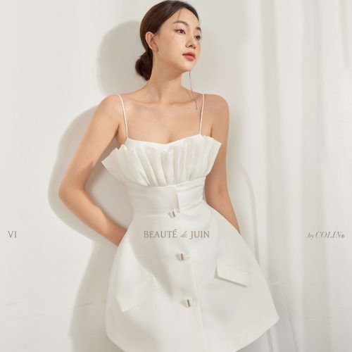 Colin Brand-Bustier Dress_ Flared Square Buttons Chiffon Pleated Bustier Dress_CO51.22 เดรสสั้น 2 สายของผู้หญิง แต่งผ้าชีฟองจับจีบหน้าอกสี่เหลี่ยมและขาบาน