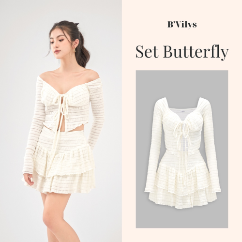 Butterfly Set_Long Sleeve Croptop+Flared Skirt_BV.58.23_B’vilys Brand_เซตผีเสื้อ เสื้อเชิ้ตผูกโบว์แขนยาว ผสมผสานกับกระโปรงบาน 2 ชั้นสไตล์เฟมินีน