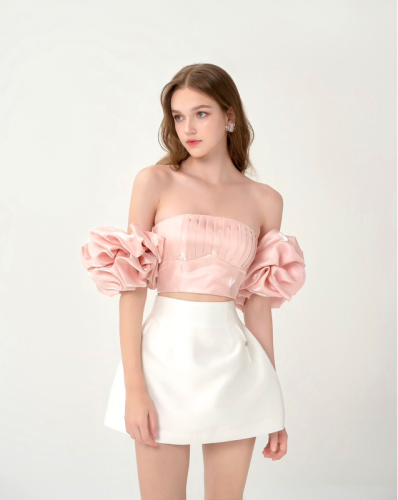 Peony Party Puff Sleeve Croptop_RE201.11_RedBean Brand_เสื้อเชิ้ตแขนพองปาร์ตี้ดอกโบตั๋น