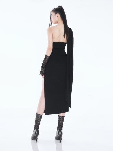 Side Slit Bustier Dress_V23081568_L Seoul Brand_ชุดเดรสปาร์ตี้สุดเซ็กซี่ของ Kane พร้อมเอวตัดและเสื้อคลุมเกาะอก