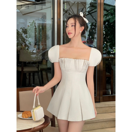 Colin Brand-Corset Dress_Pleated chest Puff Sleeve Wonmen’slinen short Dress_C02 ชุดเดรสสั้นสำหรับผู้หญิงผ้าลินินแขนพองและหน้าอกจับจีบ