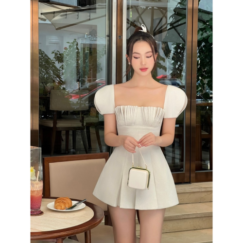 Colin Brand-Corset Dress_Pleated chest Puff Sleeve Wonmen’slinen short Dress_C02 ชุดเดรสสั้นสำหรับผู้หญิงผ้าลินินแขนพองและหน้าอกจับจีบ