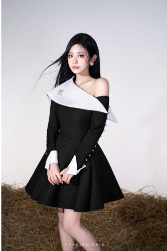 Pearl One Shouler Long Sleeve A Line Dress_BY57.11_Bynoir Studio Brand_ชุดเดรสยาวปาดไหล่ประดับมุก