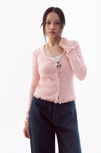 Blouse_ Pink V-neck Lettuce Hem Long Sleeve Top_LI53.19_LIBÉ Brand