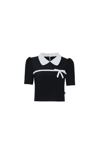 Blouse_Attach A Bow CT Croptop Blouse Top_LE16.2_Leika Brand_เสื้อครอป CT อกผูกโบว์และคอปก