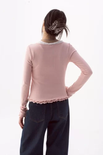 Blouse_ Pink V-neck Lettuce Hem Long Sleeve Top_LI53.19_LIBÉ Brand