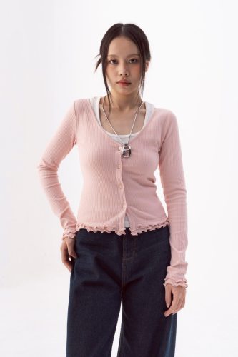 Blouse_ Pink V-neck Lettuce Hem Long Sleeve Top_LI53.19_LIBÉ Brand