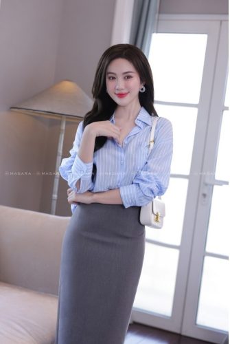 Light Blue Shirt _MA47.2_Masara Brand_THIEN THANH เสื้อเชิ้ตผ้าไหมญี่ปุ่นสีเขียวอมฟ้า