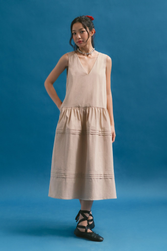 Beige V-neck Tiered Midi Dress_LI53.4_LIBE Brand