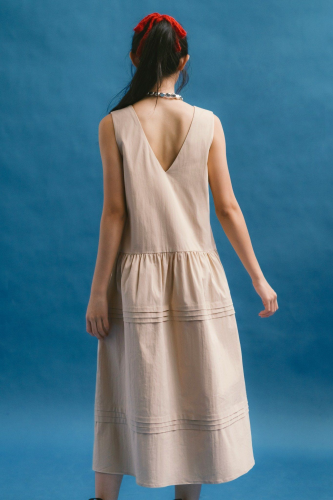 Beige V-neck Tiered Midi Dress_LI53.4_LIBE Brand