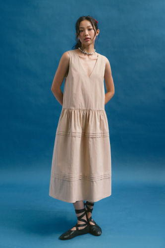 Beige V-neck Tiered Midi Dress_LI53.4_LIBE Brand