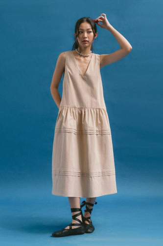 Beige V-neck Tiered Midi Dress_LI53.4_LIBE Brand