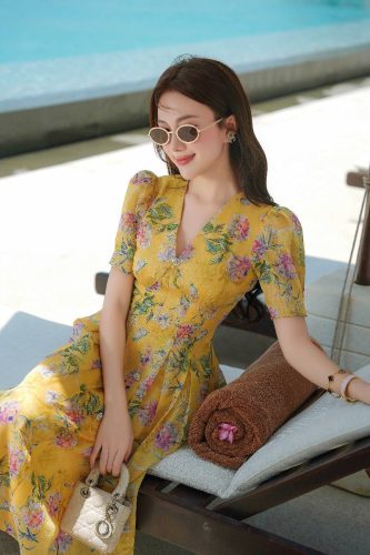 Maxi Dress_V-Neck Flared Pleated Dress_LD250_Lamia Design Brand_ĐẦM XẾP LY DÁNG XÒE PHỐI CỔ TIM