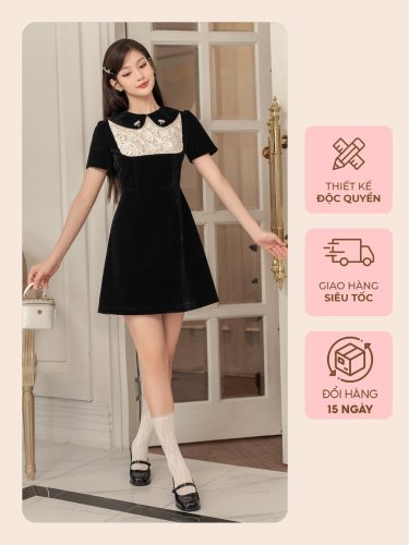 Velvet A Line Dress With Lace_VB03_Bae &Chic Brand_เดรสทรงเอไลน์ผ้ากำมะหยี่ ลูกไม้ 3 มิติลอยผิว สไตล์หรูหรา ประดับรูป