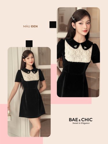 Velvet A Line Dress With Lace_VB03_Bae &Chic Brand_เดรสทรงเอไลน์ผ้ากำมะหยี่ ลูกไม้ 3 มิติลอยผิว สไตล์หรูหรา ประดับรูป