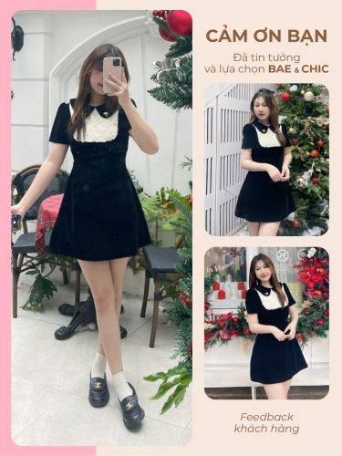 Velvet A Line Dress With Lace_VB03_Bae &Chic Brand_เดรสทรงเอไลน์ผ้ากำมะหยี่ ลูกไม้ 3 มิติลอยผิว สไตล์หรูหรา ประดับรูป