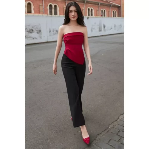 Strapless Peplum_VA23154_VELLA FASHION Brand_เสื้อเชิ้ต PEPLUM ลาย SLIPPED LADY