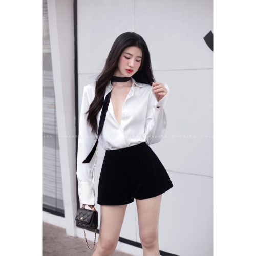 White Silk Shirt With Black Rope_MA47.17_Masara Brand_เสื้อเชิ้ตผ้าไหมสีขาว + สายสีดำ