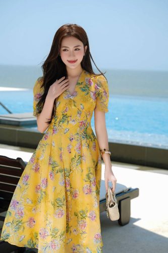 Maxi Dress_V-Neck Flared Pleated Dress_LD250_Lamia Design Brand_ĐẦM XẾP LY DÁNG XÒE PHỐI CỔ TIM