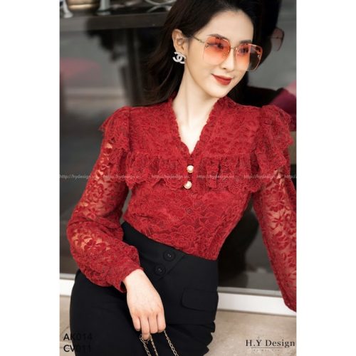 Velvet Lace Long Sleeve Shirt_AK014_HY Design Brand_เสื้อเบลาส์ลูกไม้กำมะหยี่คุณภาพสูงหรูหราพร้อมดีไซน์สุดพิเศษ