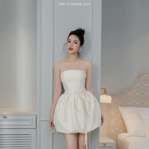 Ruffle Silk Short Dress_CO51.11_Colin Brand_ชุดเดรสสั้นผู้หญิงผ้าไหมเนื้อหยาบพร้อมไหล่ตาข่ายและเอวจับจีบ