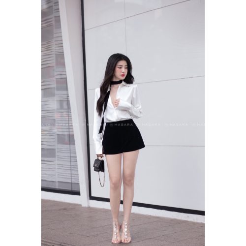 White Silk Shirt With Black Rope_MA47.17_Masara Brand_เสื้อเชิ้ตผ้าไหมสีขาว + สายสีดำ