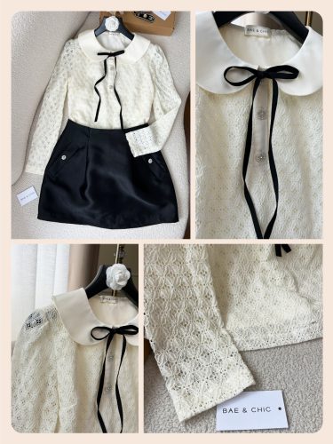 Bow Lace Long Sleeve PeterPan Top_AB07_Bae & Chic Brand_เสื้อแขนยาวผู้หญิงคอบัวลูกไม้คุณภาพสูงพร้อมโบว์ สไตล์หรูหราสำหรับสำนักงาน ปาร์ตี้ คาเฟ่