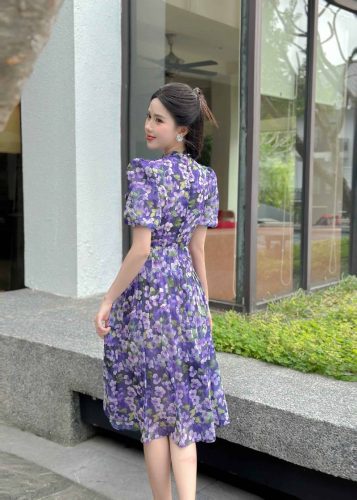 Midi Dress_Neck bow with Holding hands Flared Dress_LA8.12_Lamia Design Brand_เดรสแขนจับจีบคอโบว์