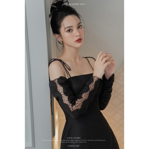 Two Straps Long Sleeves With Lace Short Dress_CO51.14_Colin Brand_ชุดเดรสสั้นสตรีมีสายสองข้าง แขนยาว และลูกไม้คริสตัล