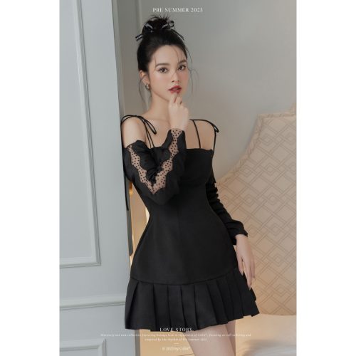 Two Straps Long Sleeves With Lace Short Dress_CO51.14_Colin Brand_ชุดเดรสสั้นสตรีมีสายสองข้าง แขนยาว และลูกไม้คริสตัล