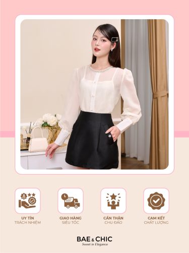 Beaded Long Sleeve Silk Shirt_AB48_Bae & Chic Brand_ผ้าไหมนุ่มเสื้อElegant Rhinestone COLLARเสื้อแขนยาวผู้หญิงสำหรับทำงาน,สำนักงาน,คาเฟ่,Streetwear