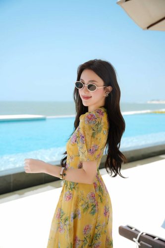 Maxi Dress_V-Neck Flared Pleated Dress_LD250_Lamia Design Brand_ĐẦM XẾP LY DÁNG XÒE PHỐI CỔ TIM