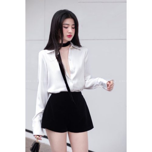 White Silk Shirt With Black Rope_MA47.17_Masara Brand_เสื้อเชิ้ตผ้าไหมสีขาว + สายสีดำ