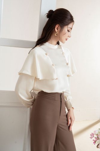 Peter Pan Collar Top _ Shoulder Cape DT Empty Top_LE16.11_Leika Brand_เสื้อเชิ้ตทรงตรงมีผ้าคลุมไหล่