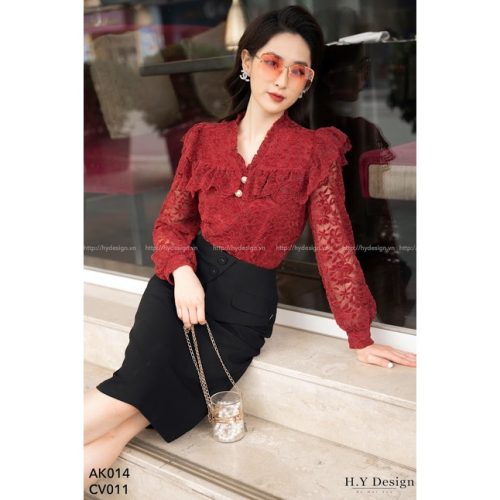 Velvet Lace Long Sleeve Shirt_AK014_HY Design Brand_เสื้อเบลาส์ลูกไม้กำมะหยี่คุณภาพสูงหรูหราพร้อมดีไซน์สุดพิเศษ