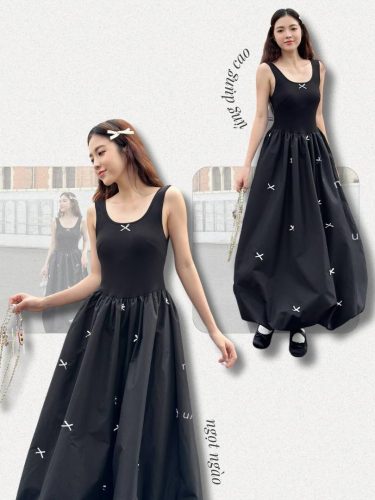 Maxi Dress With Puff Skirt_KN17_Mieu Brand_เดรสเลื่อมผู้หญิงผสมผสานกับกระโปรงผูกโบว์ที่เข้าได้กับทุกรูปร่าง