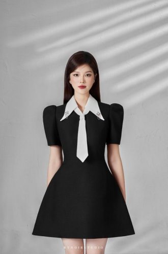 Fylina Puff A Line Dress_BY57.18_Bynoir Studio Brand_ชุดเดรสทำงานแขนพัฟ Fylina Dress