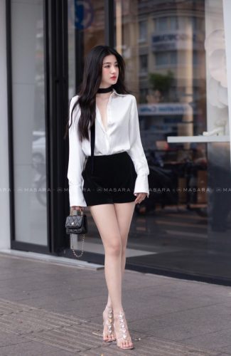 White Silk Shirt With Black Rope_MA47.17_Masara Brand_เสื้อเชิ้ตผ้าไหมสีขาว + สายสีดำ