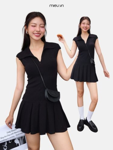 Pleated Polo Dress_LA07_Mieu Brand_เดรสยางยืดผู้หญิงมีซิปที่หน้าอกและคอโปโลในทรงกระโปรงอัดพลีทเก๋ๆ