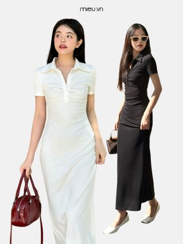 Long Form Trumpet Polo Dress_LA01_Mieu Brand_ชุดเดรสยาวผู้หญิงคอโปโลทรงหางปลาและช่วงอกสวยงาม