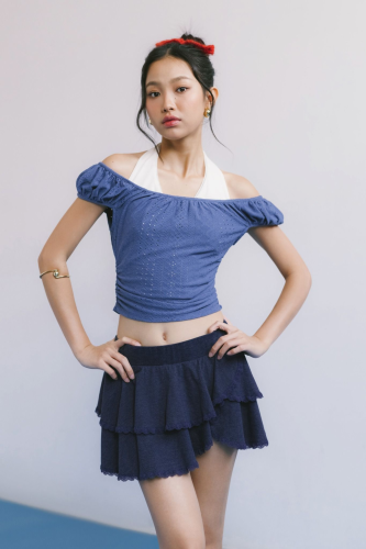 Navy Eyelet Ruched CropTop_LI53.9_LIBE BRAND