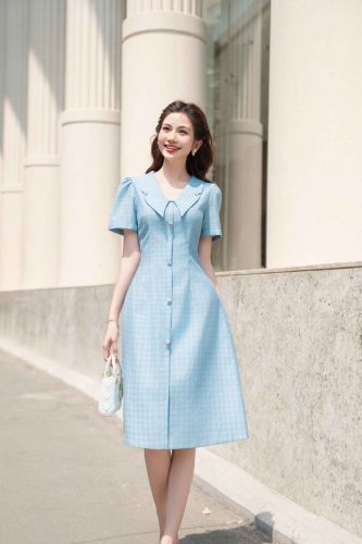 House Dress _Sweetheart neckline With Short-sleeved A-line Dress_LA8.17_Lamia Design Brand_ชุดเดรส A-SHEET พร้อมสร้อยคอหัวใจ