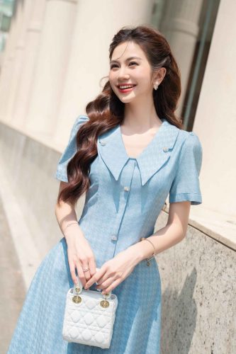 House Dress _Sweetheart neckline With Short-sleeved A-line Dress_LA8.17_Lamia Design Brand_ชุดเดรส A-SHEET พร้อมสร้อยคอหัวใจ