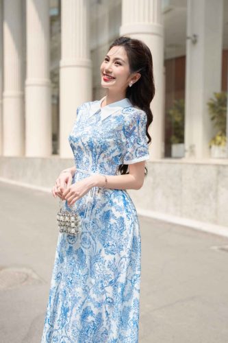 House Dress_Flower Belt with Short hands Patterned dress_LA8.19_Lamia Design Brand_ชุดเดรสแขนม้วนพร้อมเข็มขัดลายดอกไม้