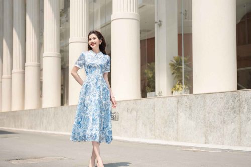 House Dress_Flower Belt with Short hands Patterned dress_LA8.19_Lamia Design Brand_ชุดเดรสแขนม้วนพร้อมเข็มขัดลายดอกไม้